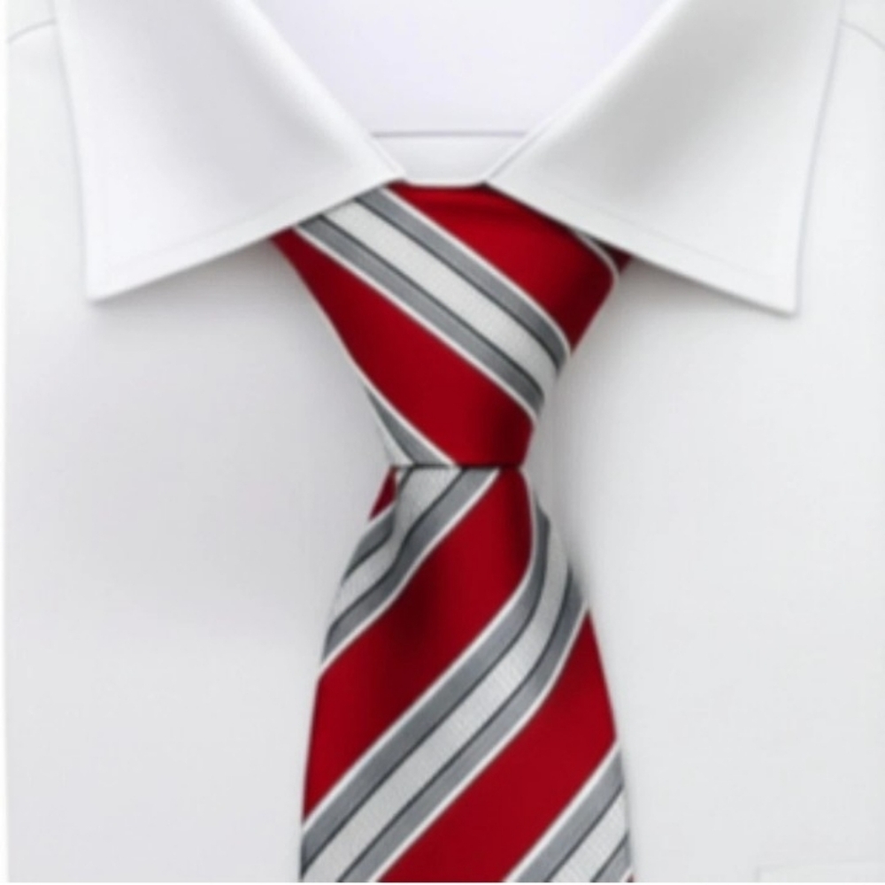 Trump Mens Signature Collection Tie 100% Silk Red Silver Gray Stripes 58"Y